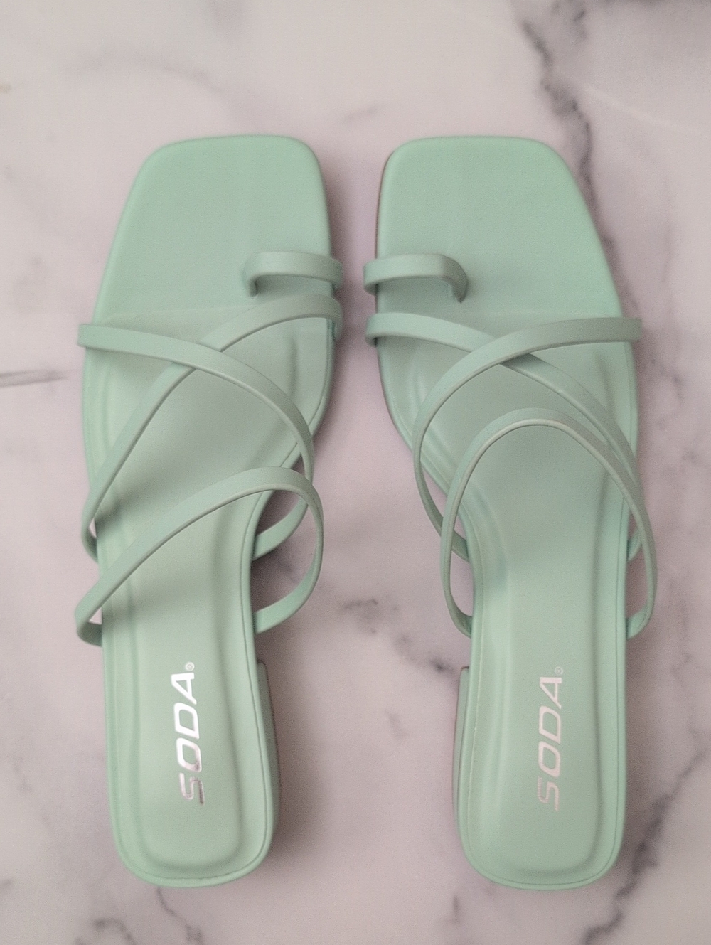 NEW Soda Mint Strappy Square-Toe Slide Sandals